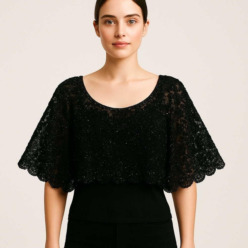 Vintage♡Beaded Floral♡Semi-Sheer♡Cropped♡Art Deco♡Retro-Mod♡Blouse sz 14